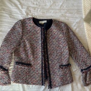 Tahari Multicolor Tweed Open-Front Blazer with Navy Trim